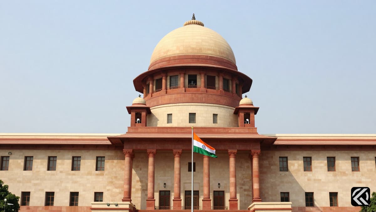 Supreme Court of India building exterior with flags, symbolizing legal oversight.