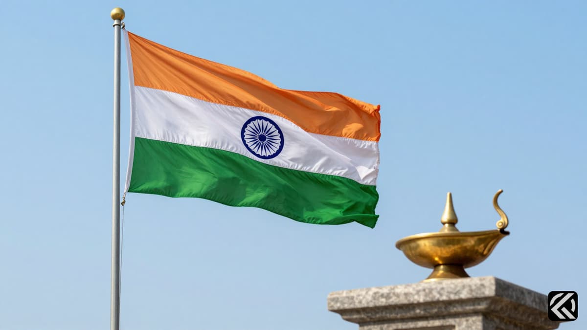 Indian flag and brass oil lamp on stone pedestal symbolizing new governance