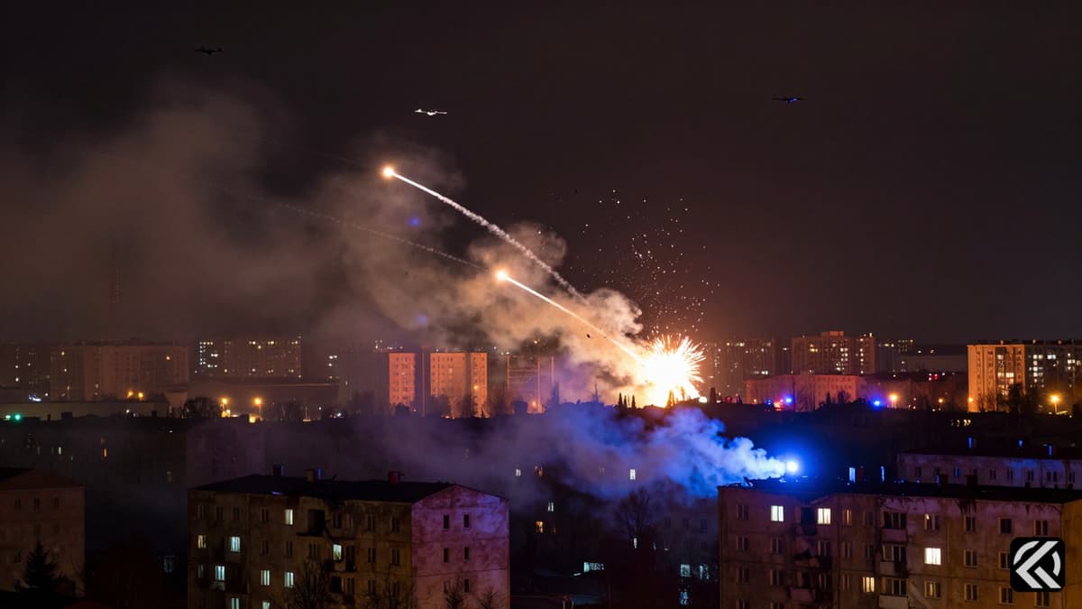 Nighttime aerial bombardment over a Russian city with anti-aircraft fire and smoke rising from damaged buildings.