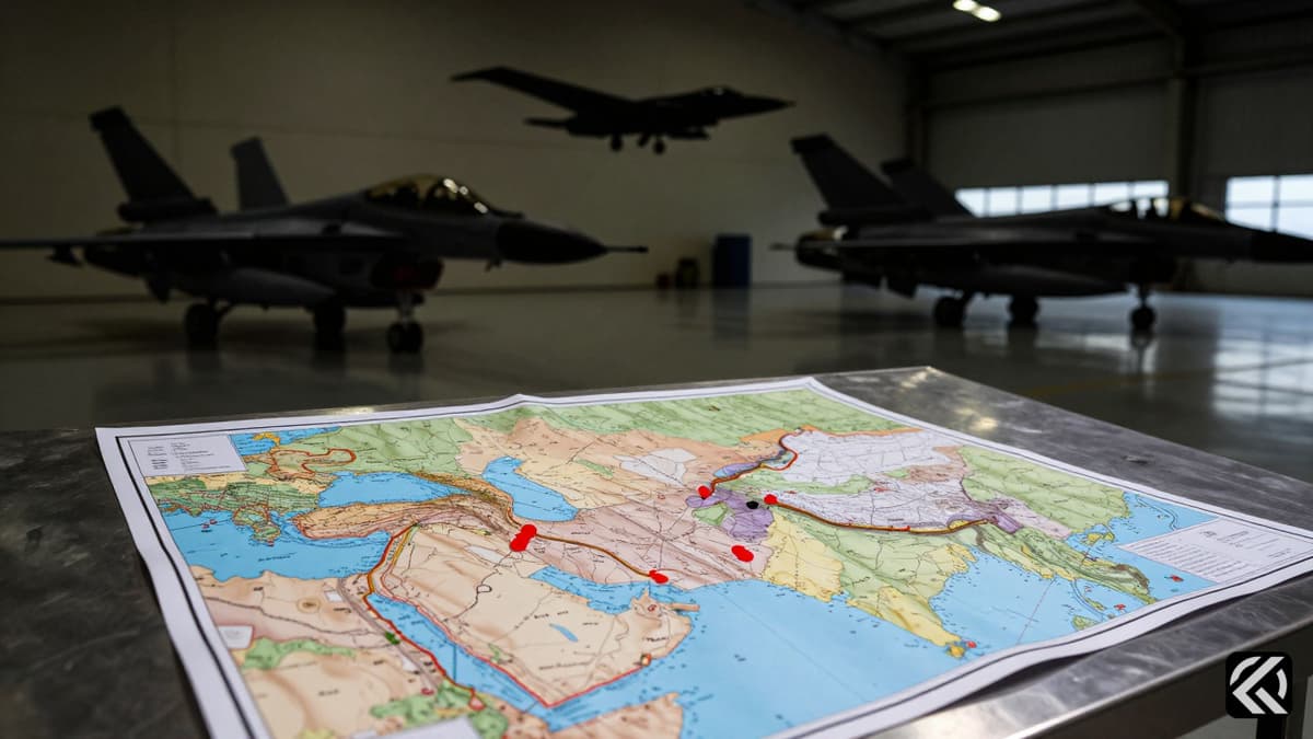 Tactical map showing Middle East conflict zones with red markers next to aircraft silhouettes in a hangar
