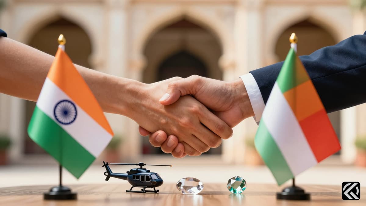 Diplomatic handshake over Indian and Italian flags with defense and mineral symbols