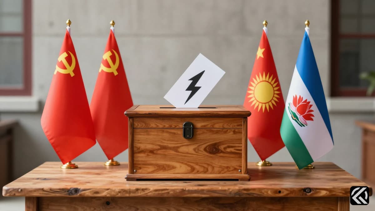 Political flags of different parties draped around a wooden ballot box on a table