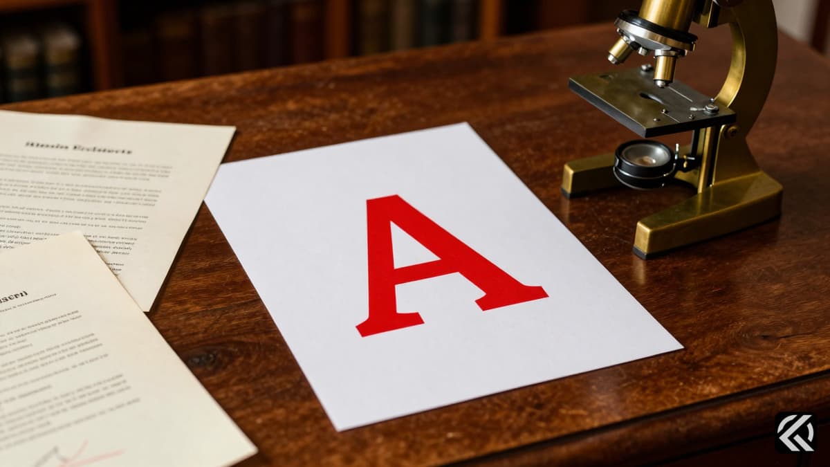 Close up of a red stamped A grade on white paper in a classic library