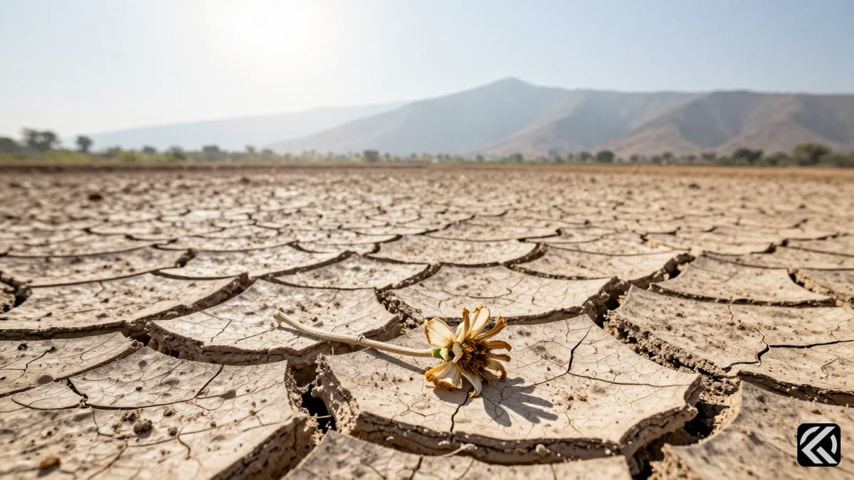 Cracked dry earth and wilting flower under harsh sun symbolizing India heatwave impact on nature.