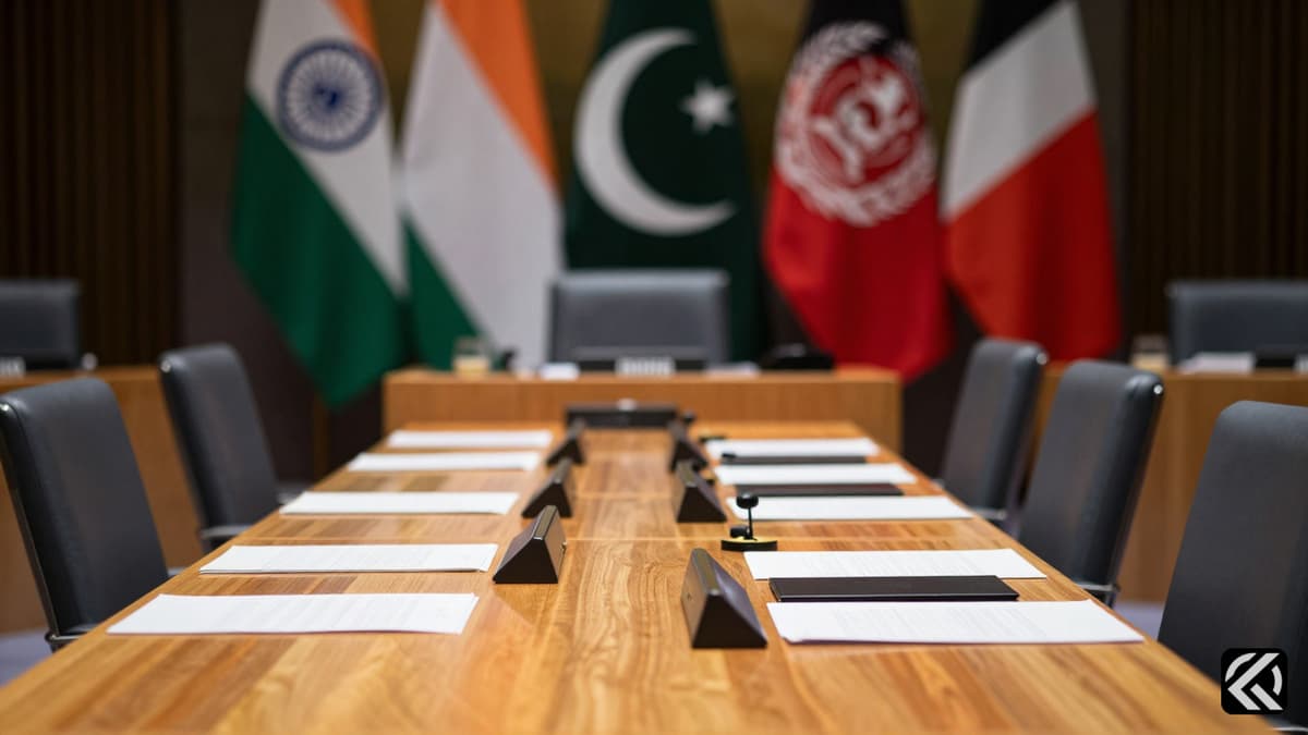 Diplomatic chairs in UN chamber with flags of India, Pakistan, and Afghanistan in background