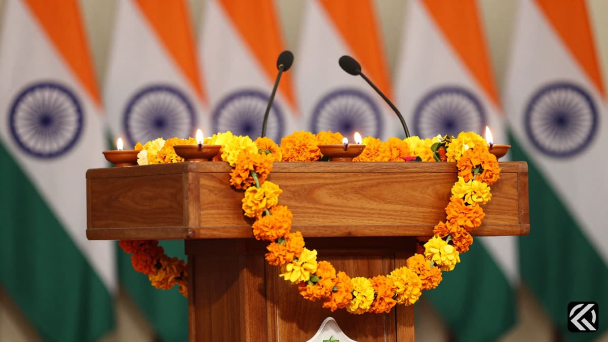 Wooden podium with marigold garlands and Indian flags for political swearing-in