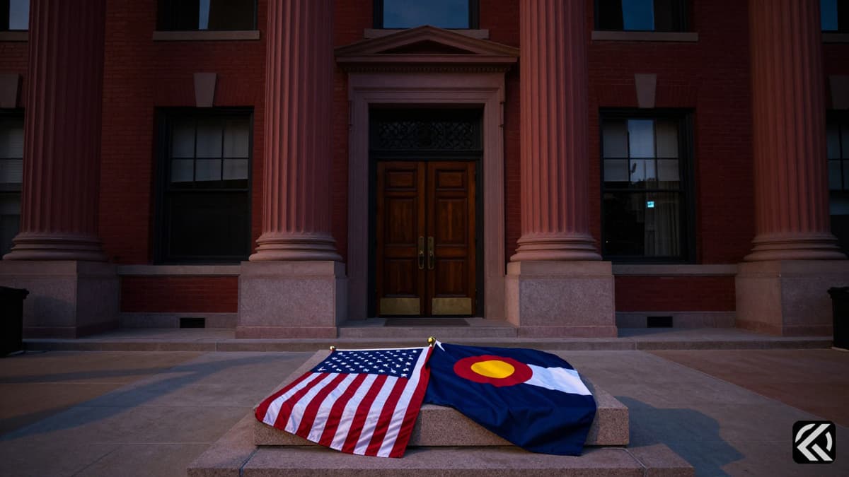 Shadowed Colorado government building with flags indicating political gravity and solemnity.
