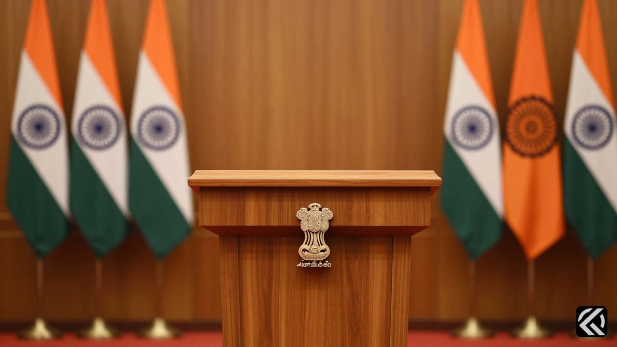 Podium with Tamil Nadu and Indian flags in a formal government hall