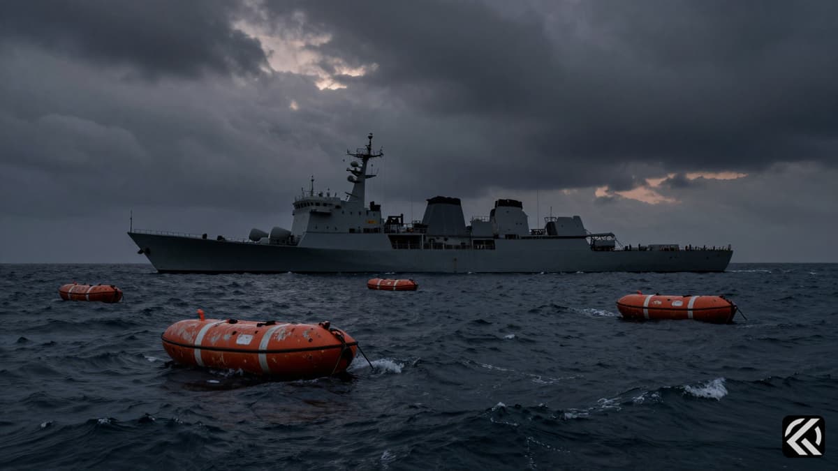 Dark stormy sea with military vessel shadow and empty life rafts symbolizing blockade