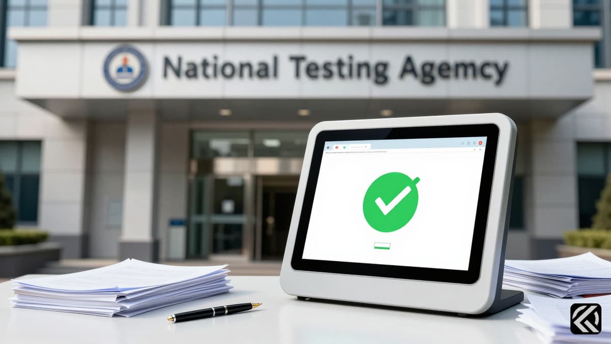 NTA office building with a digital kiosk displaying a refund notification icon and official documents.