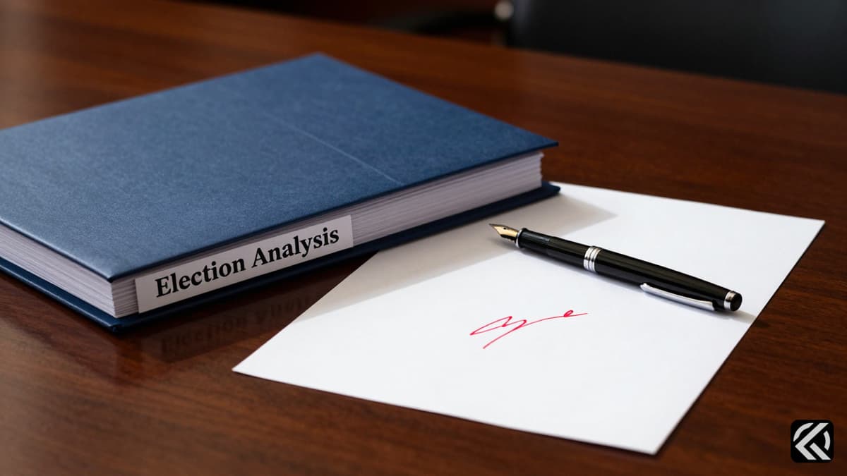 Official election analysis folder and red annotation pen on a desk symbolizing political accountability.