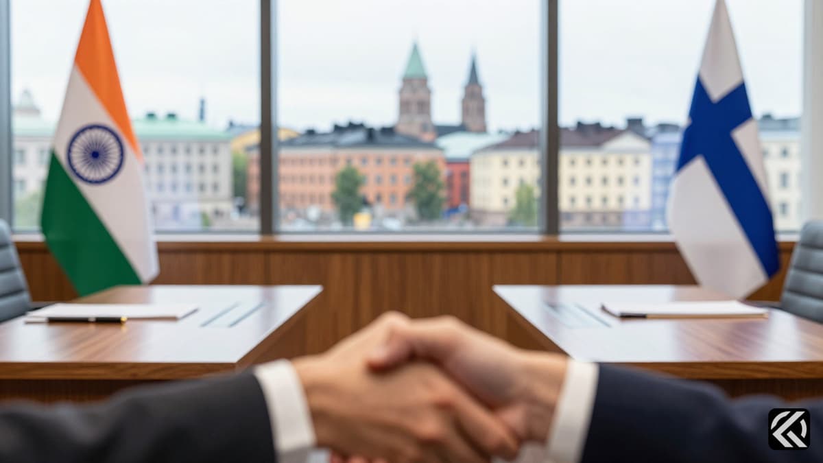 Diplomatic meeting setup with Indian and Finnish flags on desks.