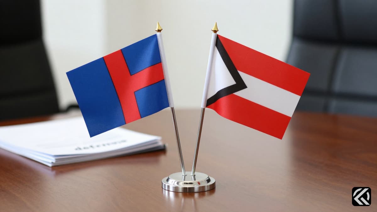 Symbolic flags representing two nations rest on a wooden table near defense documents