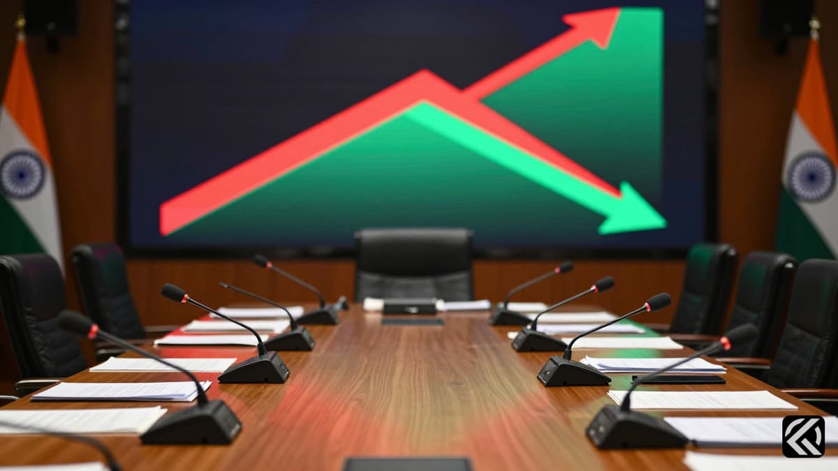 Ministers in a Delhi conference room reviewing economic data charts during a high-level policy meeting.