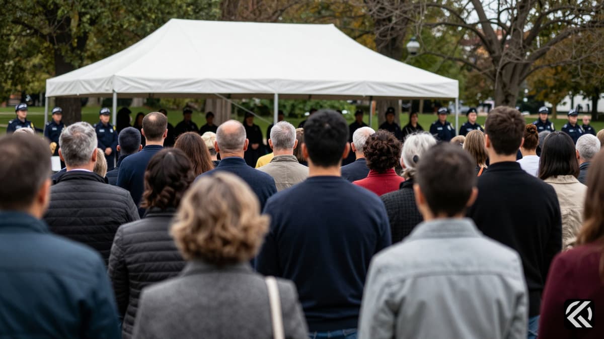 Mourners stand in rows at a park vigil under a white canopy during a San Diego memorial.