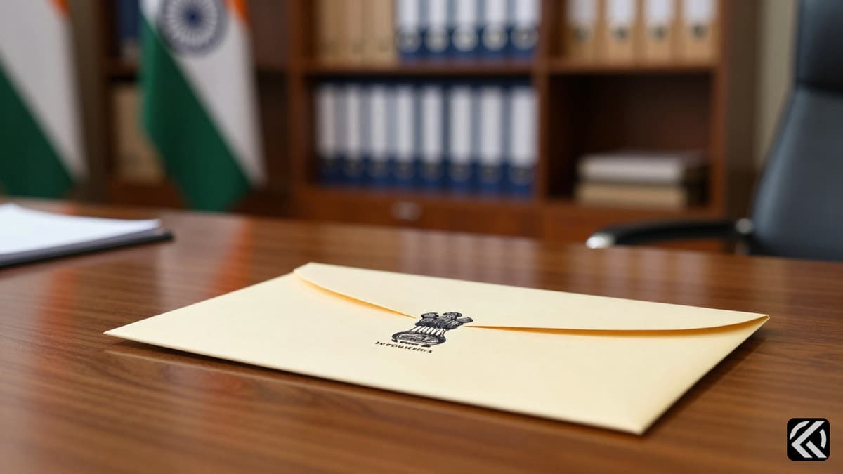 Formal government desk with official documents and Indian flag symbolizing administrative authority.
