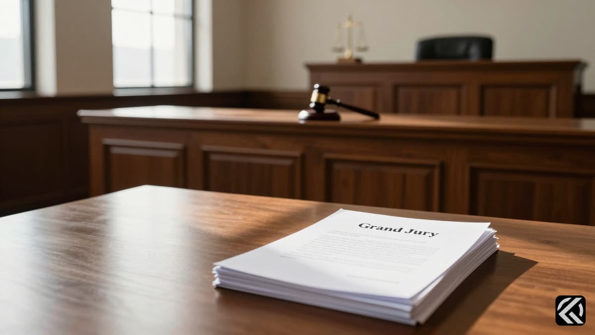 A gavel rests on a wooden judge's bench beside sealed grand jury documents in an empty courtroom.