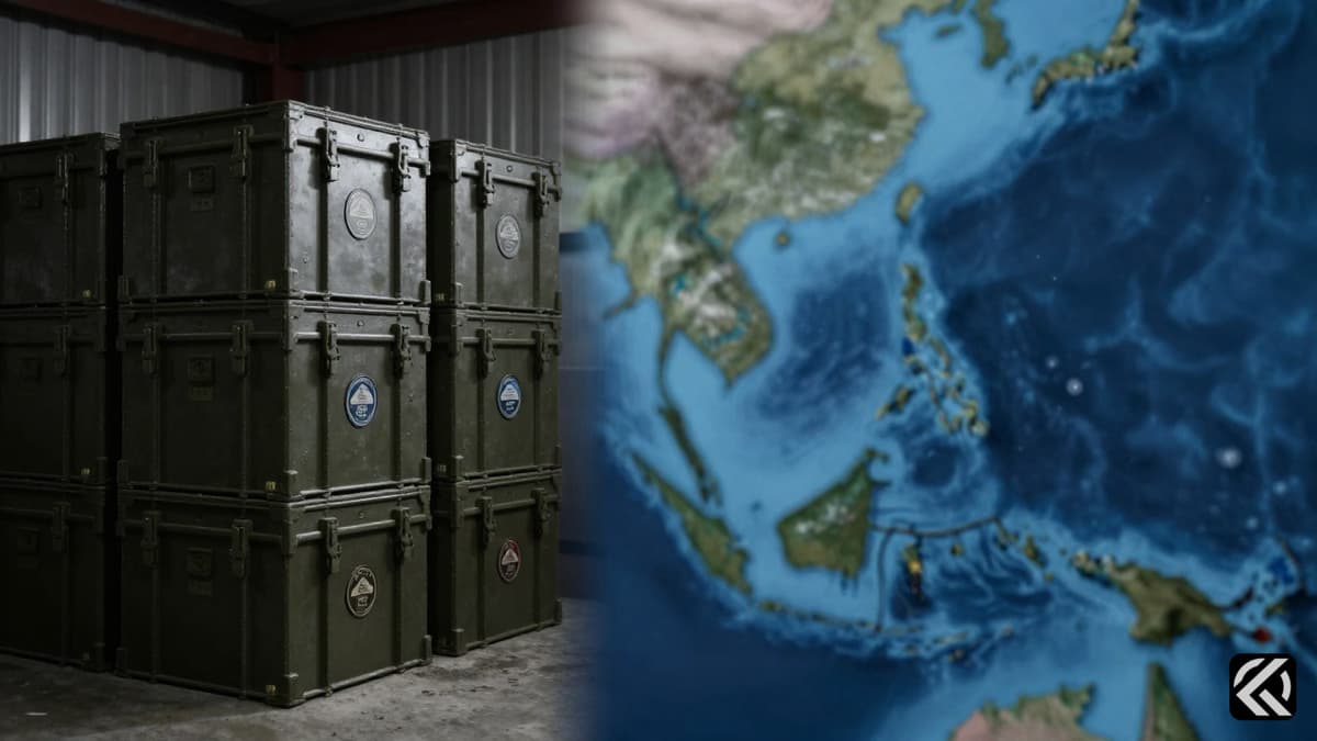Military crates and a strategic map highlighting the Pacific region.