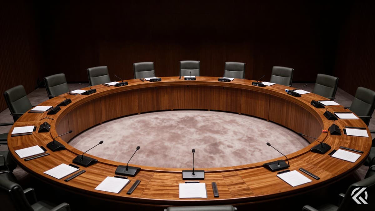Empty diplomatic conference table with microphones representing strategic military talks.