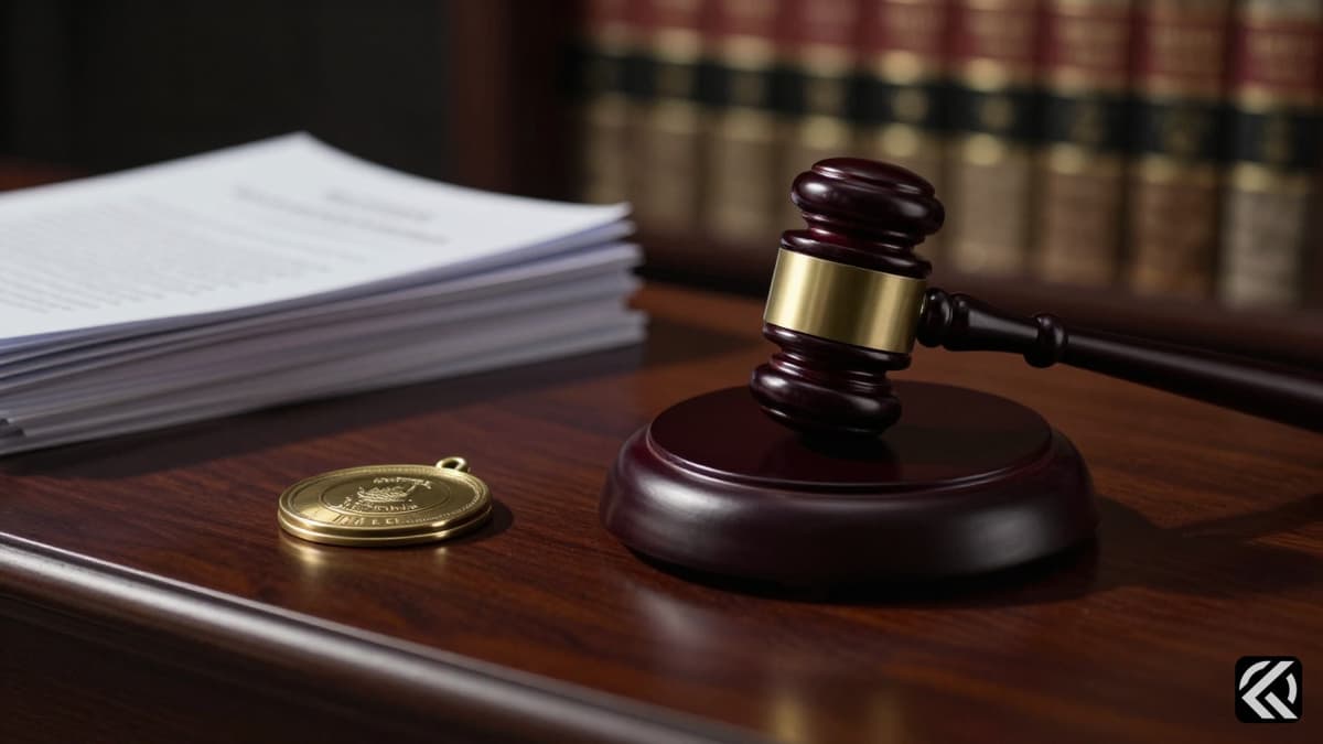 Symbolic image of judicial justice featuring a gavel and legal documents on a bench.