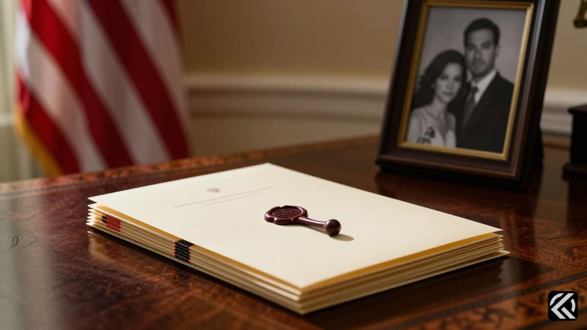 Official resignation letter on a desk in the Oval Office with a turned-down photo frame and US flag.