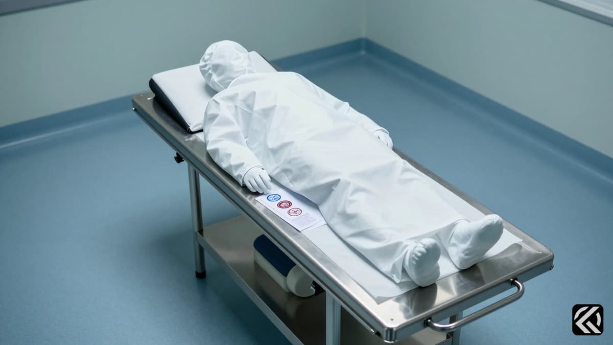 A sterile medical room with a covered body on an examination table for forensic autopsy.