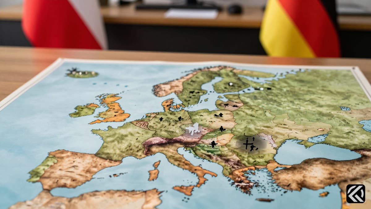 Map of Europe with military icons and flags of Poland and Germany symbolizing troop shifts.