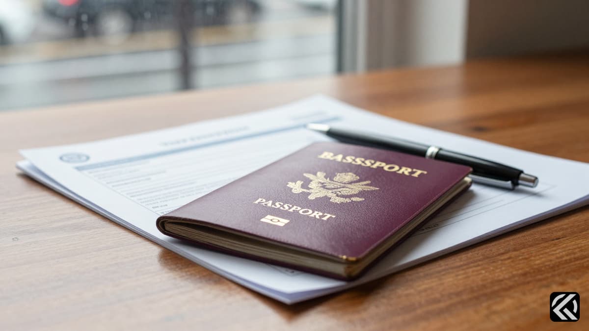 Open passport and immigration forms on a wooden desk near a rainy window.