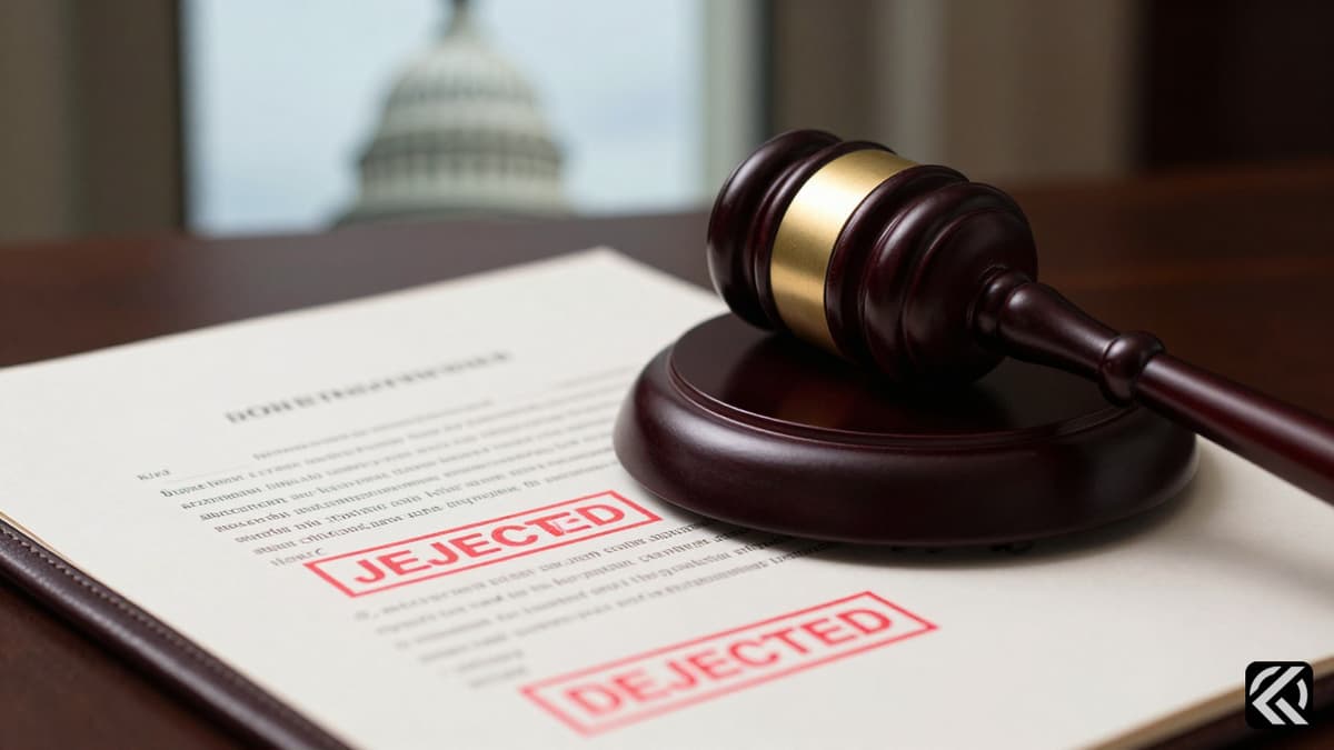 Gavel on rejected legal document with blurred Capitol dome in background.