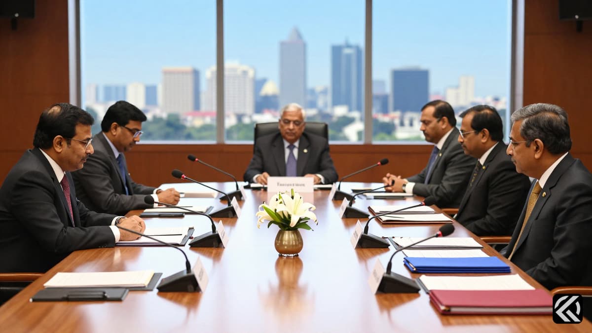 Diplomatic table setup with microphones and documents against a blurred New Delhi city view, symbolizing high-level government meetings.