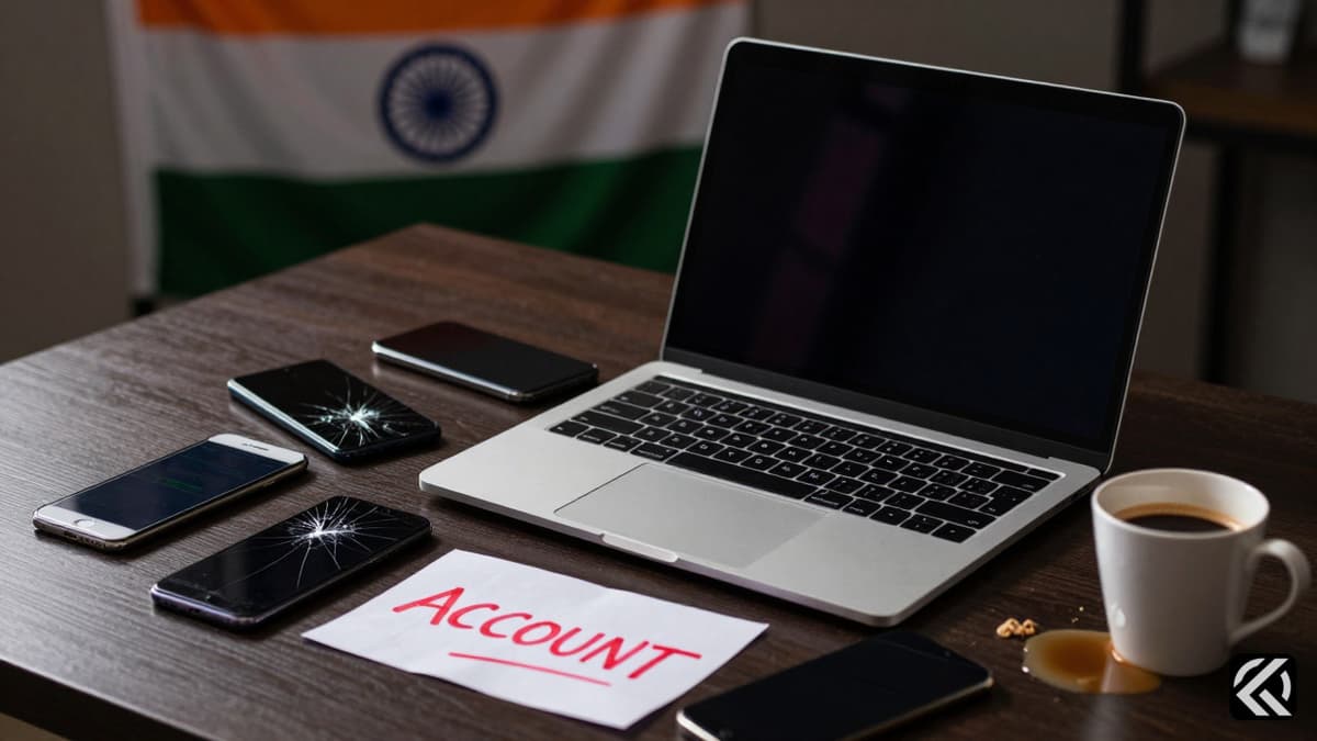 Cracked smartphone screens and a dark laptop on a desk symbolize lost digital access and technical failure.