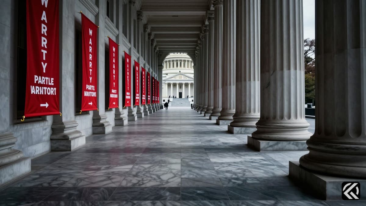 Symbolic divided corridor in the Capitol representing political tension between factions.