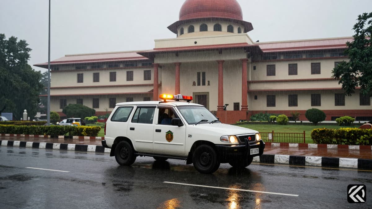 Rainy scene outside Indian courthouse reflecting police lights for legal proceedings