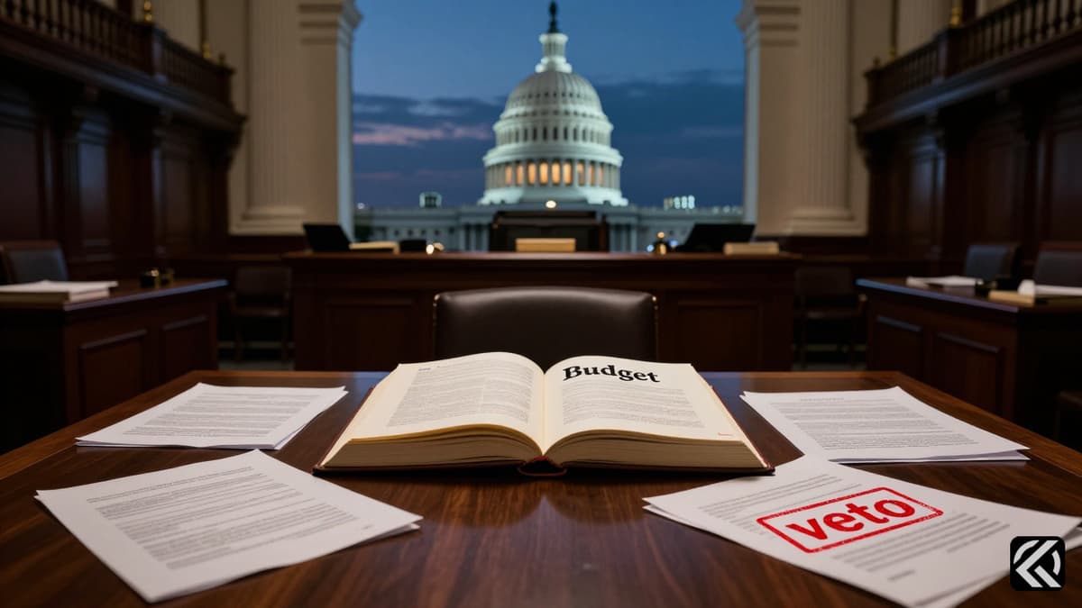 Dim Capitol chamber with open budget ledger symbolizing political conflict