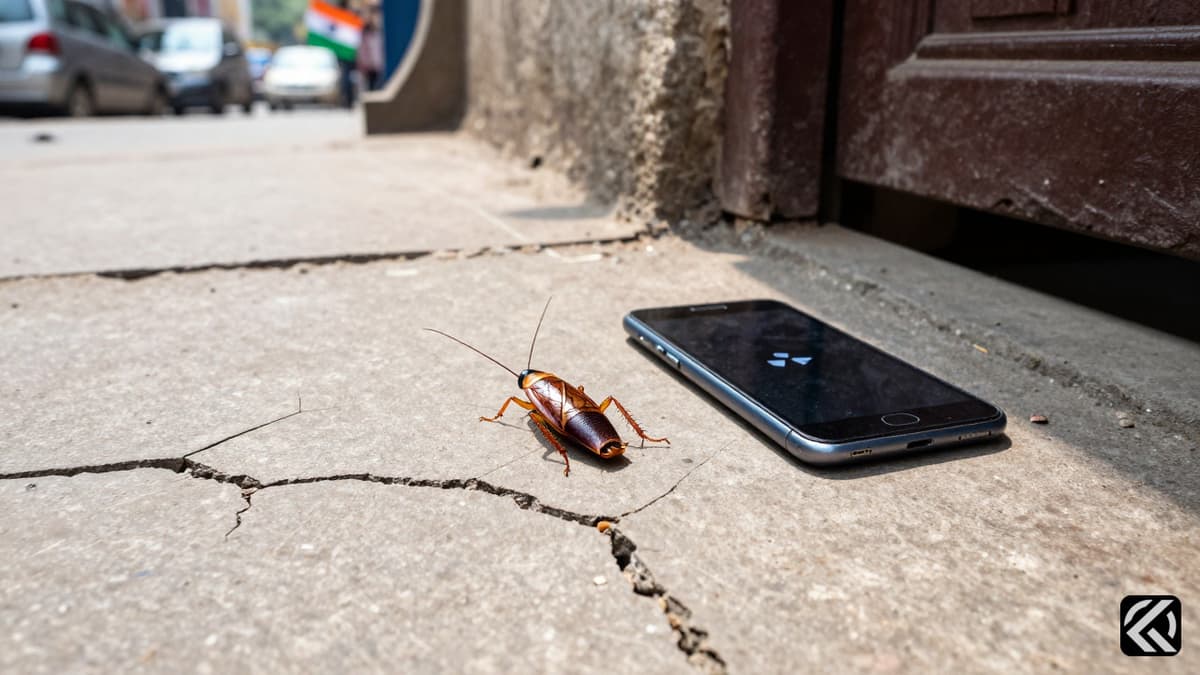 A realistic cockroach on cracked concrete near a broken smartphone in an urban Indian setting.