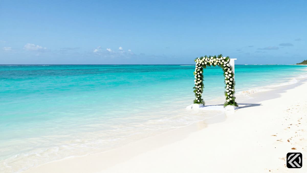 Romantic beach wedding arch on white sand in Bahamas turquoise waters