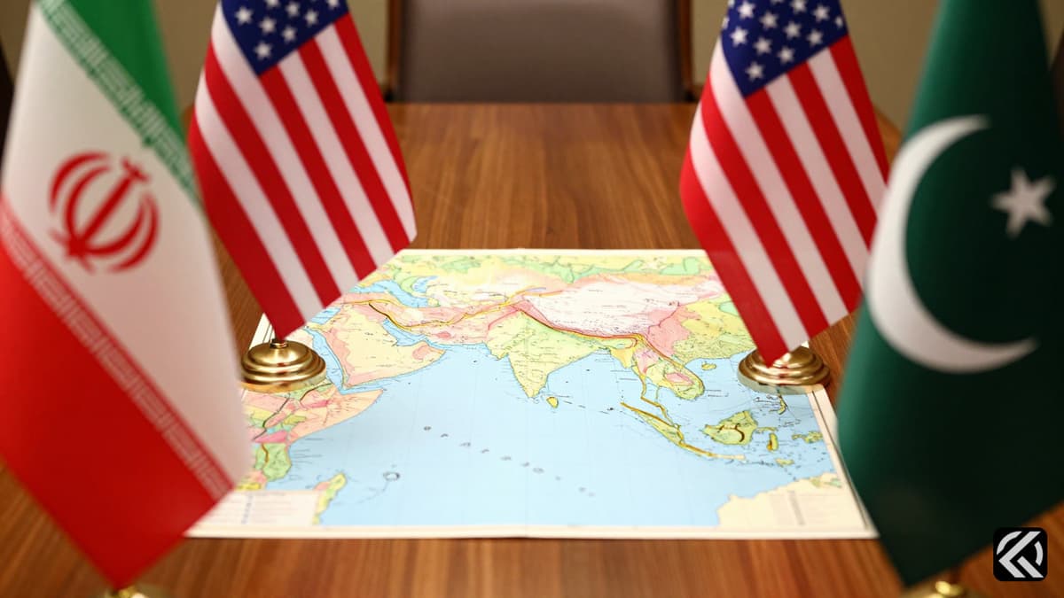 Flags of Iran, US, and Pakistan over a chart of the Strait of Hormuz symbolizing diplomatic talks.