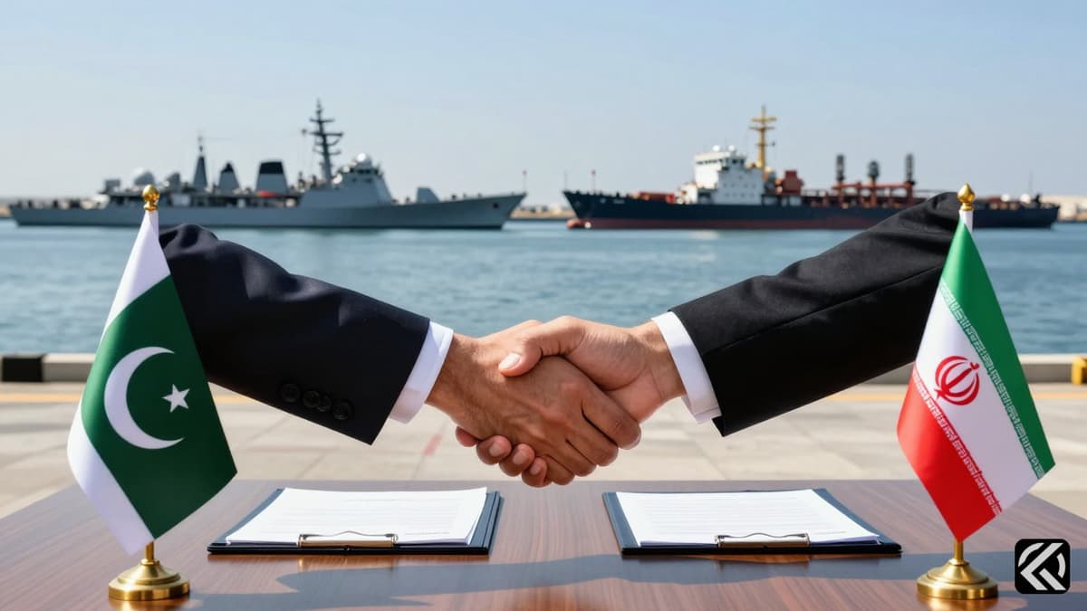 Diplomatic hands shaking on a dock overlooking the Strait of Hormuz with naval ships in the background.