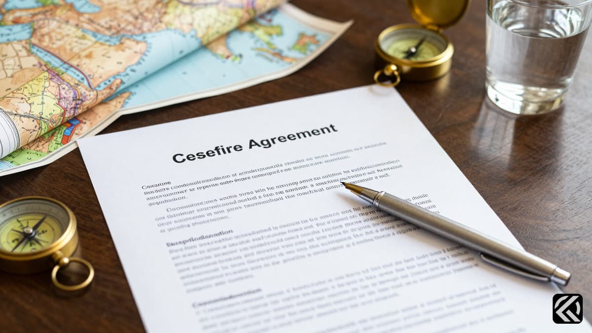 A signed ceasefire agreement document on a desk symbolizing diplomacy.