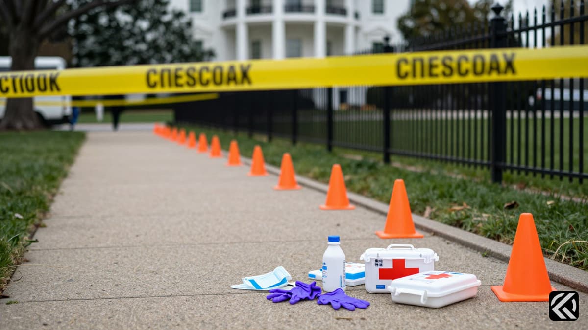 Yellow crime scene tape and orange markers on a sidewalk near the White House following a shooting incident.