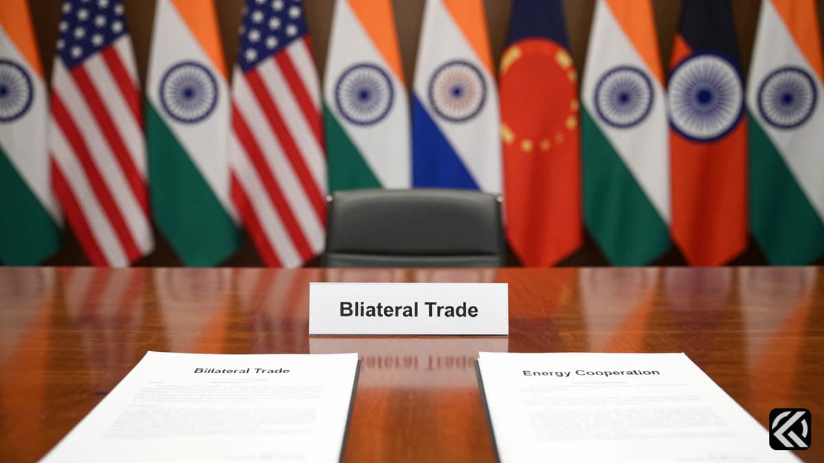 Diplomatic meeting table with US, India, and Quad flags and trade documents.