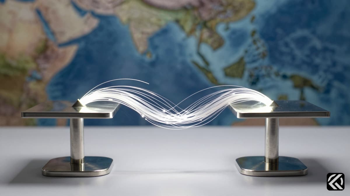 Diplomatic tables connected by fiber optics over ocean map