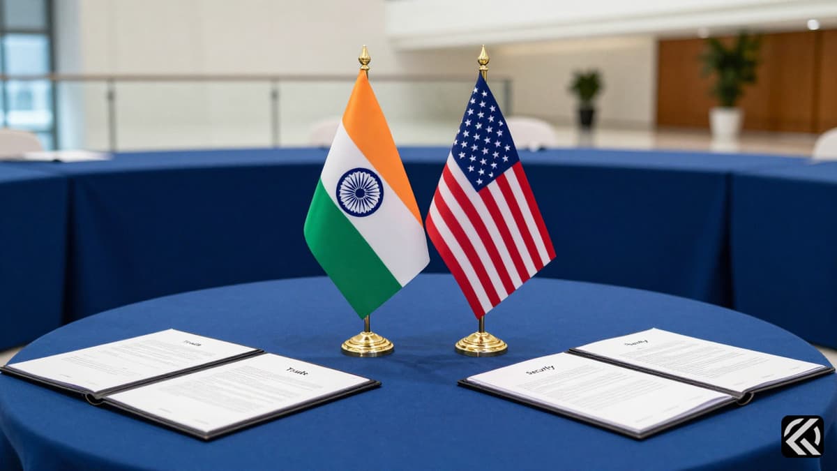 Diplomatic tables with Indian and US flags and documents symbolizing bilateral talks.