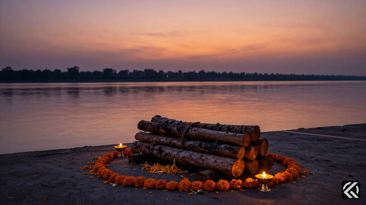 Wooden funeral logs and marigold petals on a riverbank at dusk.
