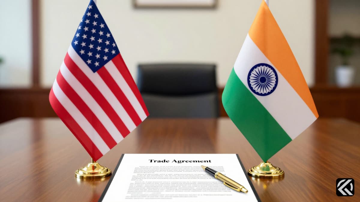 US and Indian flags on a table with a trade document symbolizing diplomatic relations.
