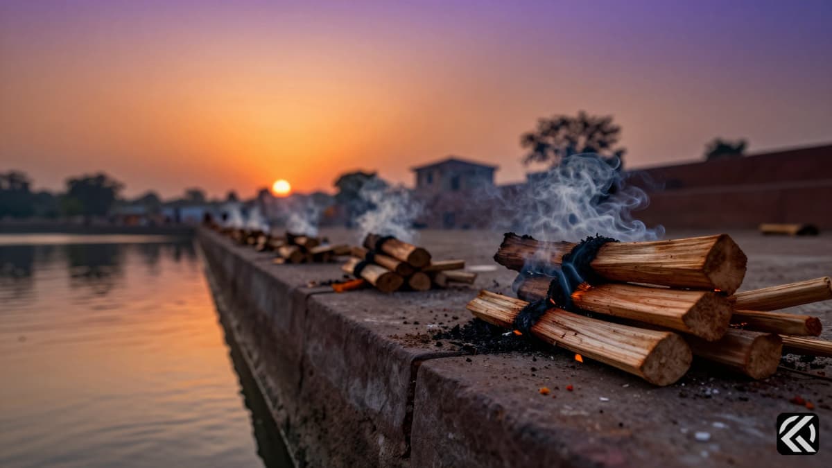 Solemn cremation ghat with burning logs and rising smoke at sunset in Bhopal.