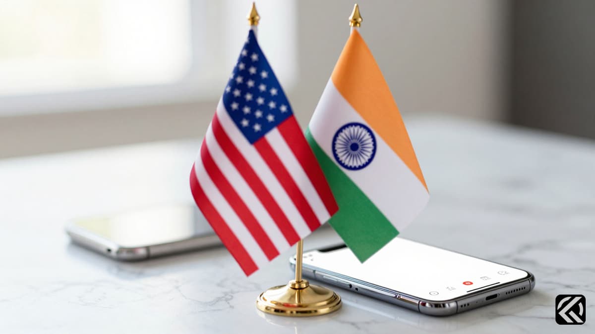Intertwined US and Indian flags on a desk with a smartphone showing a call interface.