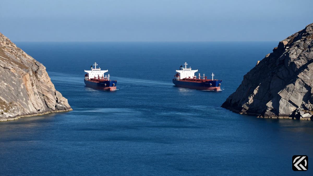Tankers navigate the strategic waters of the Strait of Hormuz under clear skies.