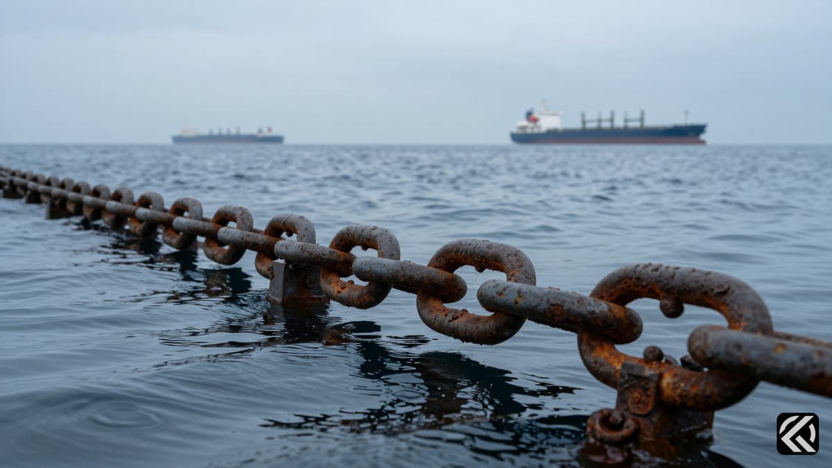 Steel chain link naval barrier in ocean waters near oil tankers symbolizing the Strait of Hormuz blockade
