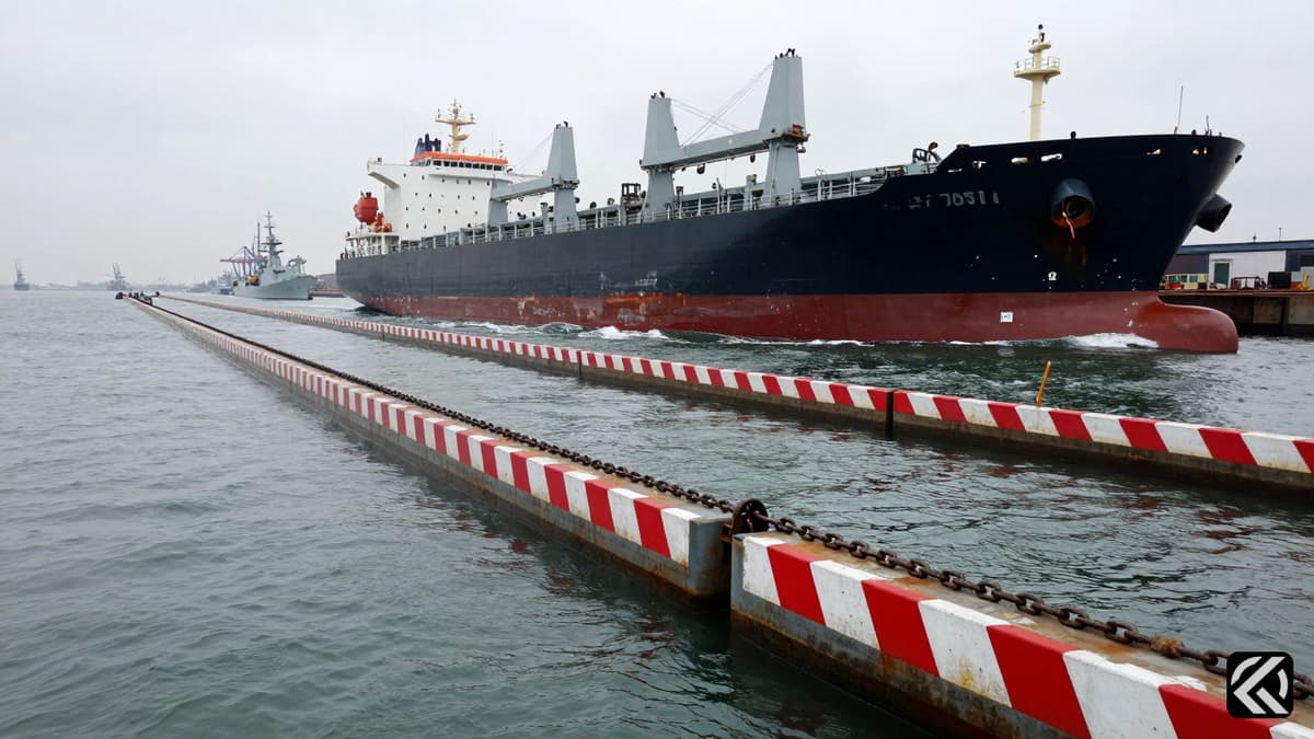 Naval blockade barrier across a maritime channel with a cargo ship approaching under grey skies